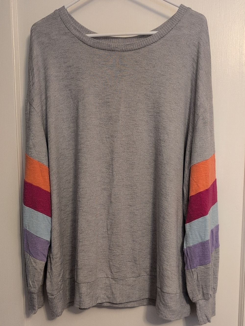 torrid Gray Crewneck Sweater with Orange, Pink, Blue & Purple Sleeve Stripes